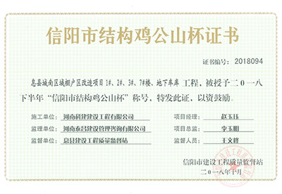 “息縣城南區(qū)域棚戶區(qū)改造項目1#、2#、3#、7#樓、地下車庫工程”被授予2018下半年“信陽市結(jié)構(gòu)雞公山杯”稱號