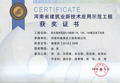 “恒大綠洲項(xiàng)目A10地塊17#、18#、19#樓及地下車庫工程”榮獲“河南省建筑業(yè)新技術(shù)應(yīng)用示范工程”金獎