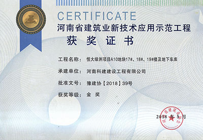 “恒大綠洲項(xiàng)目A10地塊17#、18#、19#樓及地下車庫工程”榮獲“河南省建筑業(yè)新技術(shù)應(yīng)用示范工程”金獎